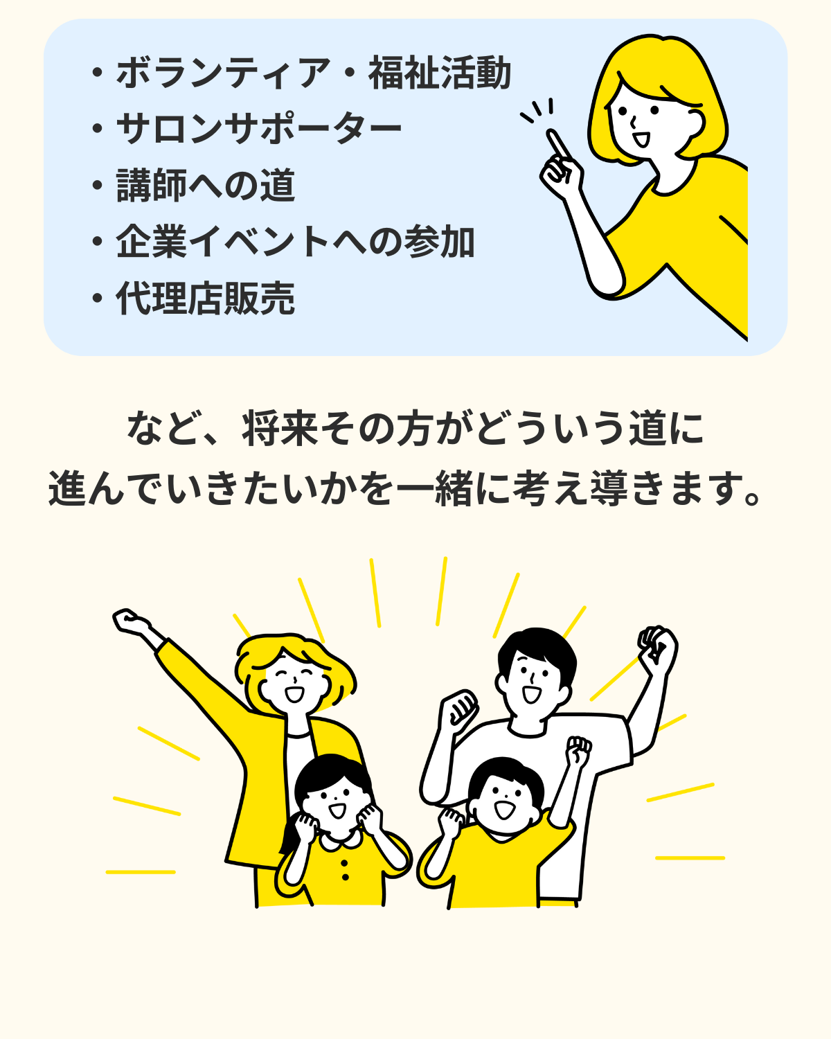 ボランティア・福祉活動、サロンサポーター、講師への道、企業イベントへの参加、代理店販売など、将来その方がどういう道に進んでいきたいかを一緒に考え導きます。