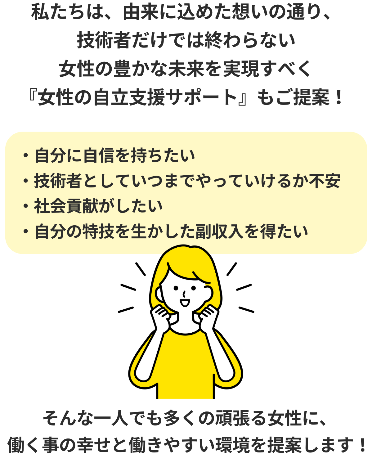 私たちewaluは、由来に込めた想いの通り、技術者だけでは終わらない女性の豊かな未来を実現すべく『女性の自立支援サポート』もご提案！ ・自分に自信を持ちたい・技術者としていつまでやっていけるか不安・社会貢献がしたい・自分の特技を生かした副収入を得たい一人でも多くの頑張る女性に、働く事の幸せと働きやすい環境を提案します！
